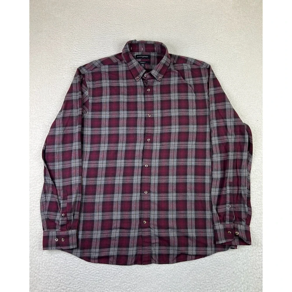 Banana Republic Shirt Mens 2XL‎ Red Gray Plaid Slim Untucked Fit Fall 2022